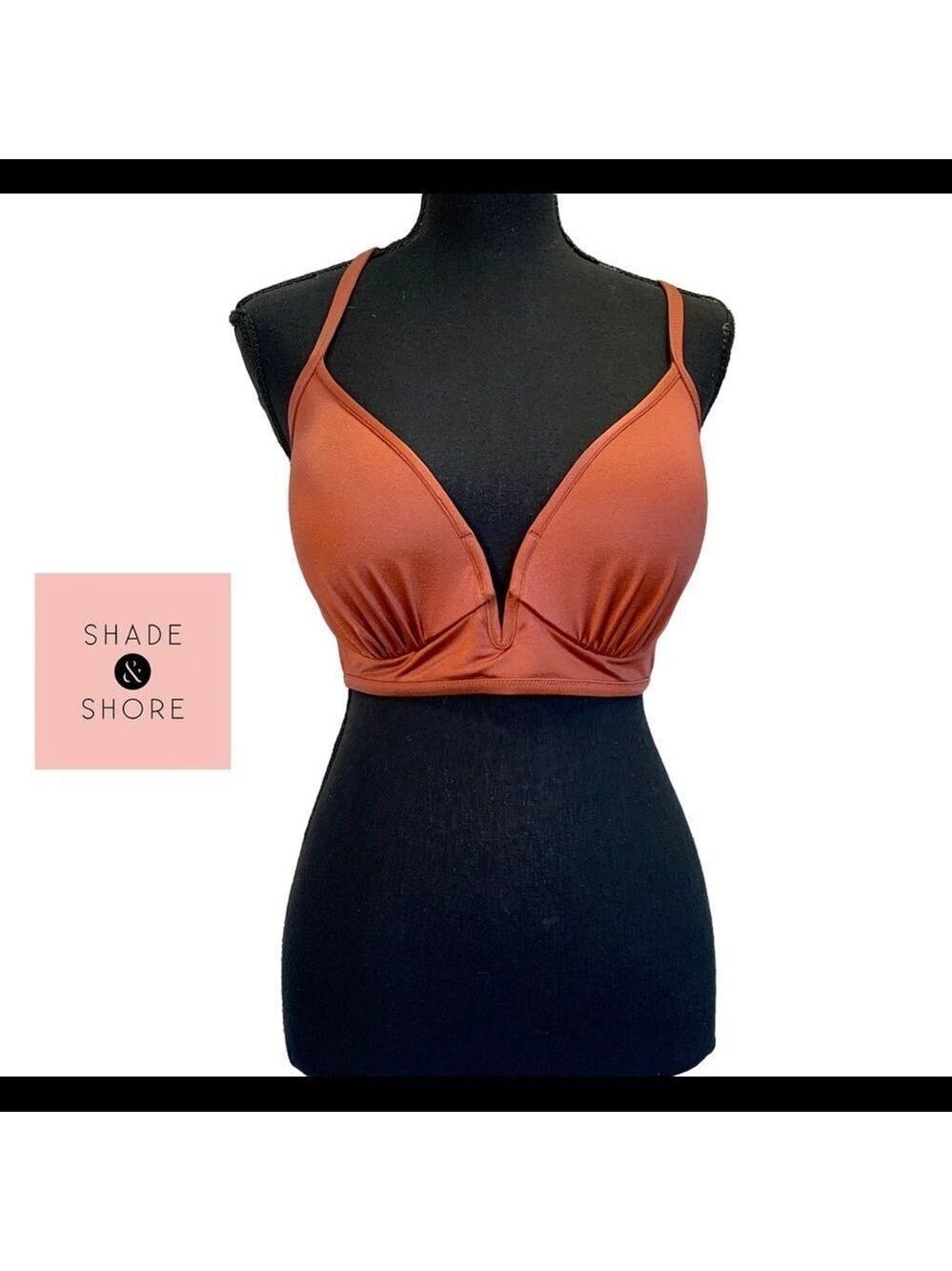 Shade & Shore Rust Brown bronze deep V bikini top Sz 34D